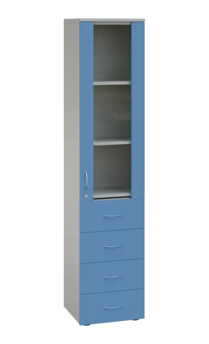 LE - 44 skříň léková prosklená, pravá, korpus šedý, dvířka pastelově modrá